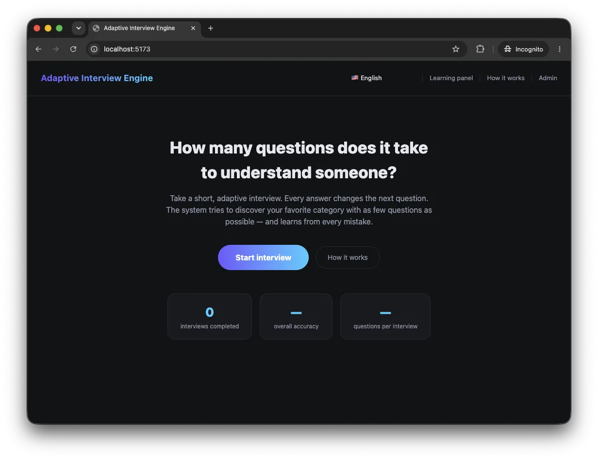 Adaptive Interview Engine landing in a browser: a dark UI with the headline 'How many questions does it take to understand someone?', a short adaptive-interview description, a 'Start interview' button, and three stat tiles for interviews completed, overall accuracy, and questions per interview.