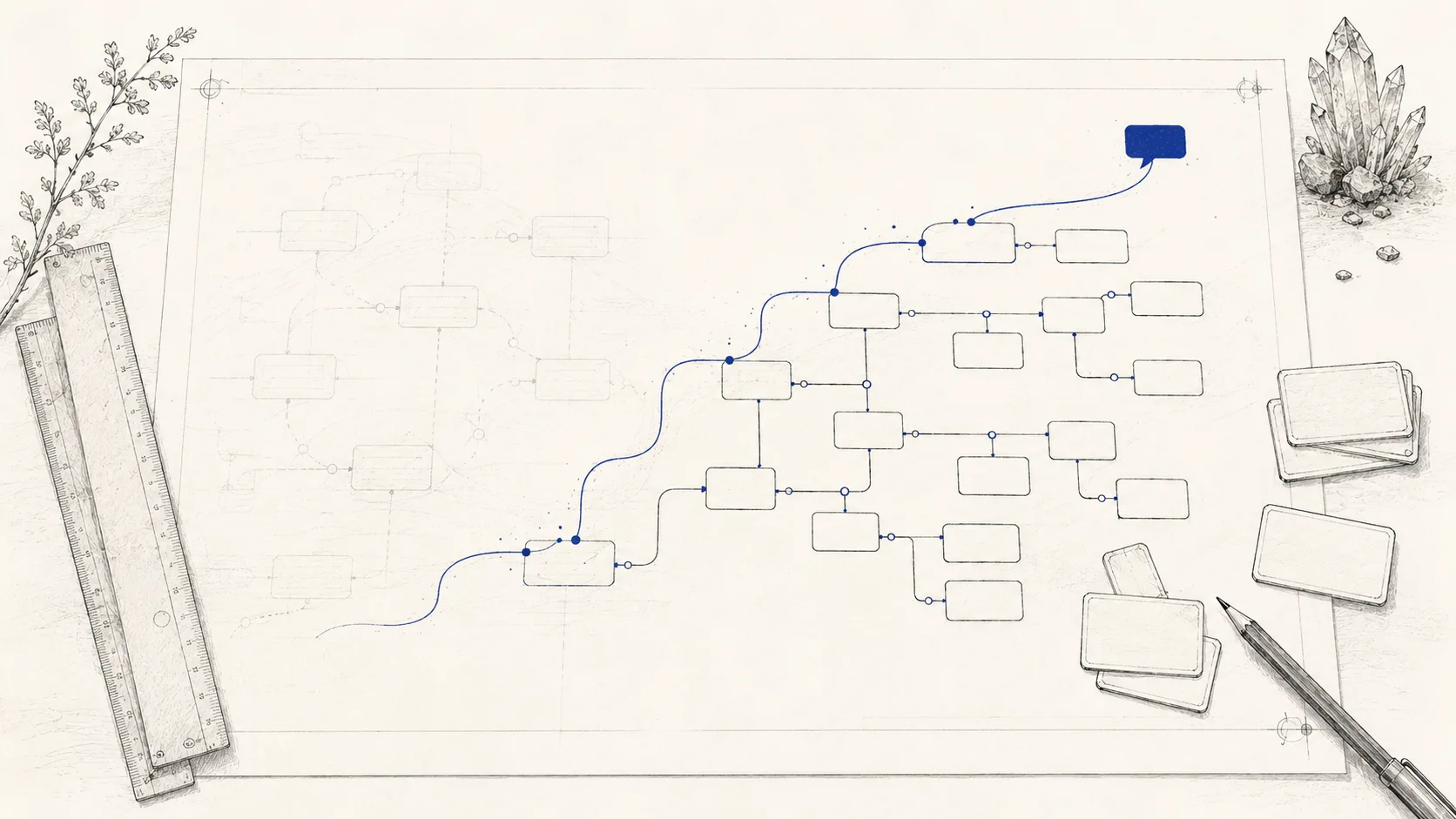 Ink-on-bone engraving of a branching quiz flow being rebuilt by an indigo chat thread.