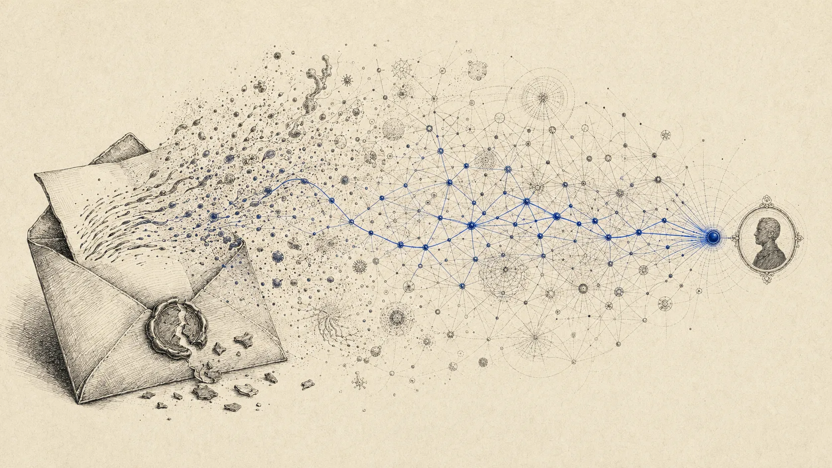 Ink-on-bone engraving: an open envelope with a broken wax seal on the left, its handwritten letter dissolving into a drift of fine ink marks that reorganize into an indigo path of connected nodes, crossing a dense engraved lattice and converging on a single brighter node at the far right — a message dissolving into signal and finding its one recipient.