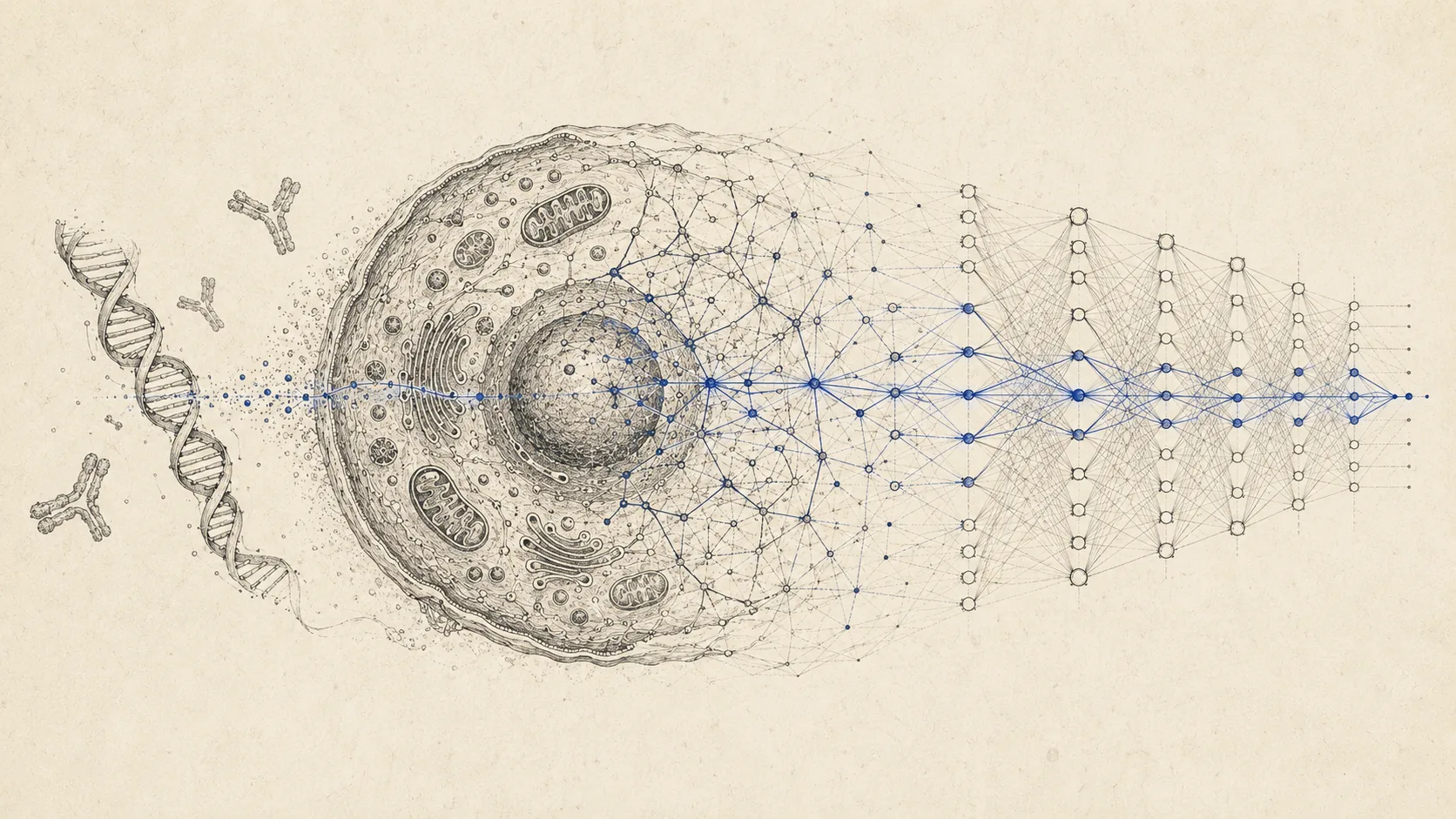 Ink-on-bone engraving: a detailed biological cell on the left, with DNA and Y-shaped antibodies, morphing rightward through an organic tangle of nodes into the clean ordered layers of a deep neural network, a single indigo signal threading from tissue to network.