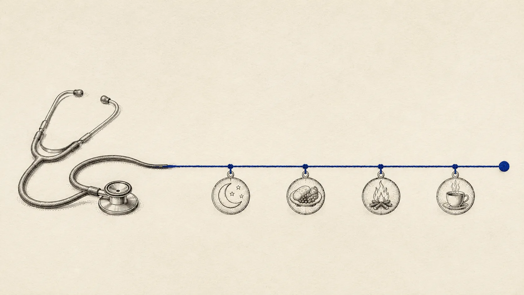 Ink-on-bone engraving on mostly empty paper: a doctor's stethoscope lies at rest on the left, its tube trailing rightward and becoming a single taut deep-indigo thread stretched across the page like a timeline; from the thread hang four small round engraved medallions, a crescent moon, a plate of food, a small flame, and a steaming cup, and at the far right the thread ends in one solid indigo node: the instrument of diagnosis set aside, the faithful record of a life carrying on from it.