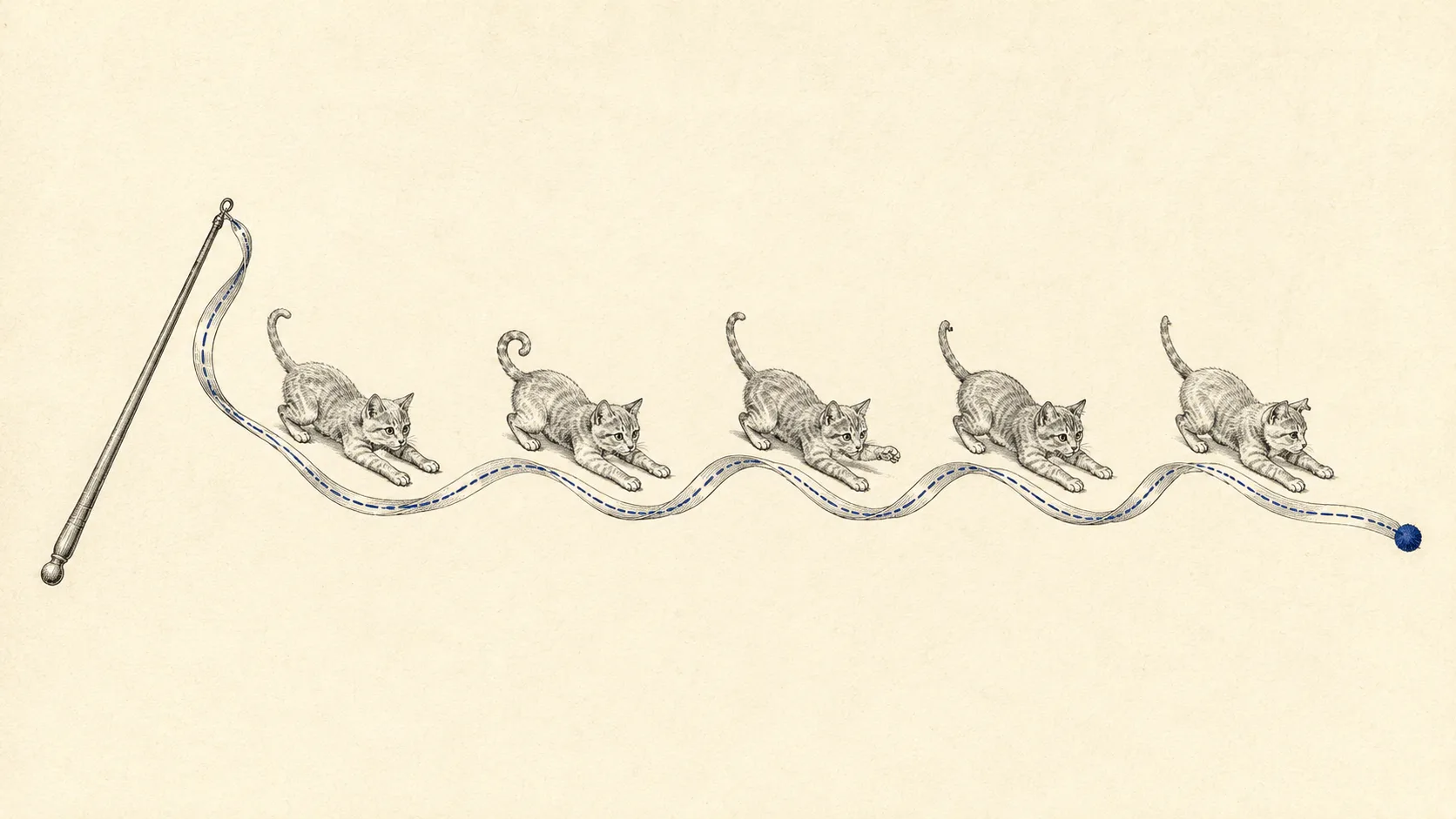 Ink-on-bone engraving on mostly empty paper: a teasing wand ribbon sweeps in one long wavy curve across the page with a dashed indigo thread running down its length; five finely engraved cats crouch mid-pounce along it, all in the identical instinctive posture yet each slightly its own (a curled tail here, a different ear or paw there), and the thread ends on the right in a single solid indigo pompom node: one instinct, five tenants.