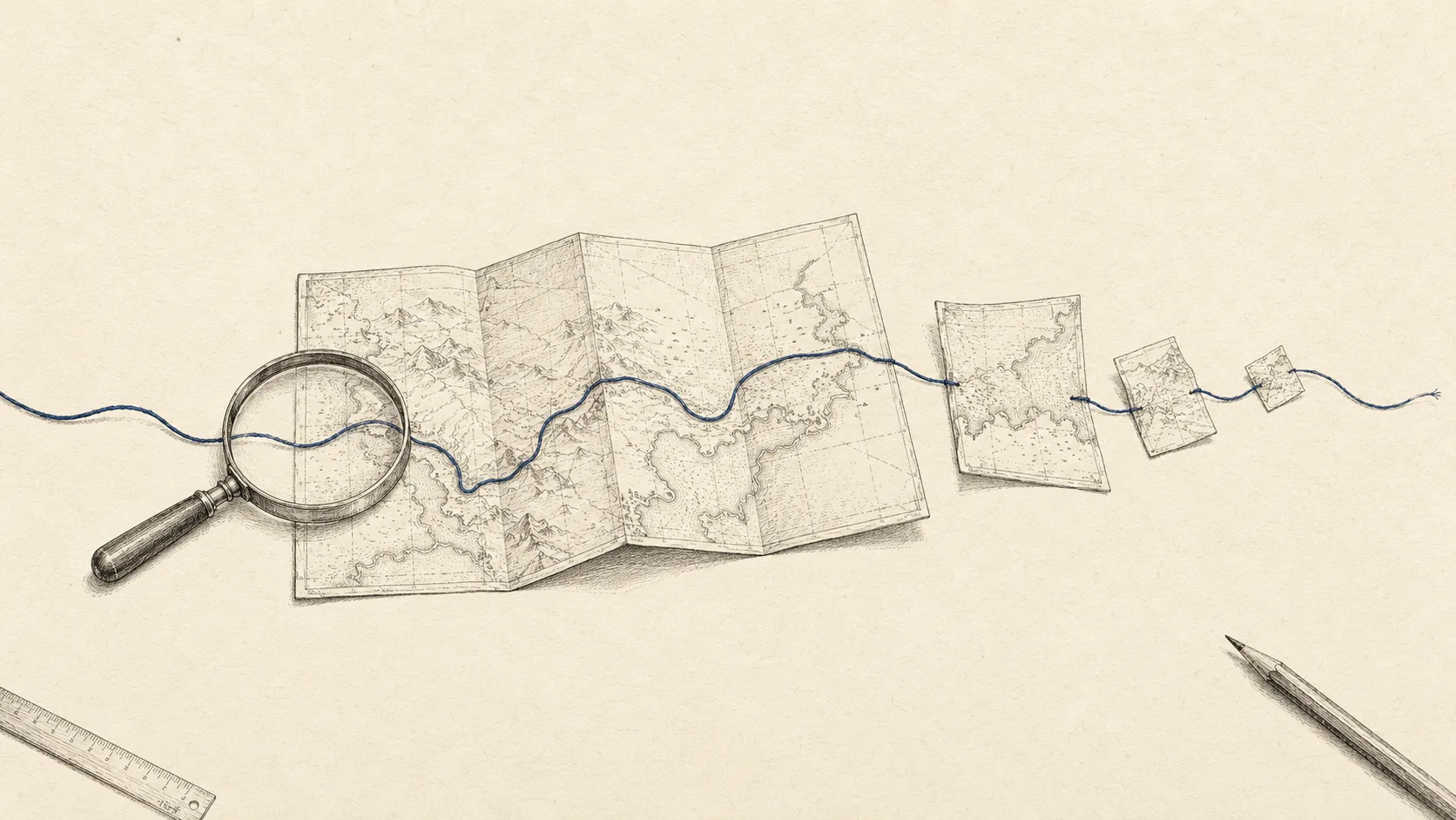 Ink-on-bone engraving: a folded chart at center, several of its panels detaching and drifting away to the right while a single indigo thread still binds the remaining core, a magnifier lens resting at the left edge.