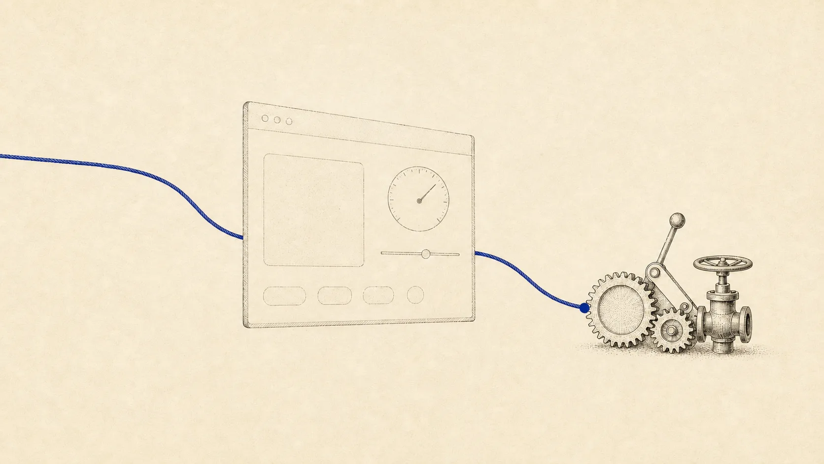 Ink-on-bone engraving on mostly empty paper: a lightly drawn browser window with a dial, a slider, and a row of buttons sits at center; a single indigo thread enters from the left, passes behind the window without touching it, and continues to the right into a cluster of finely engraved gears, a lever, and a valve, ending in one solid indigo node where it meshes with a gear tooth — the interface bypassed, the underlying capabilities operated directly.