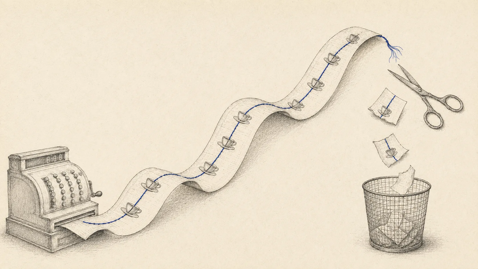 Ink-on-bone engraving: an antique cash register on the left prints a long receipt ribbon that waves across mostly empty paper, a small coffee cup repeating along it like a weekly habit, with an indigo thread stitched down its whole length; near the top right the thread is severed and frays into loose fibers beside a pair of scissors, and the cut-off pieces of the receipt drift down into a wire wastebasket: a store discarding the memory of its own customer.