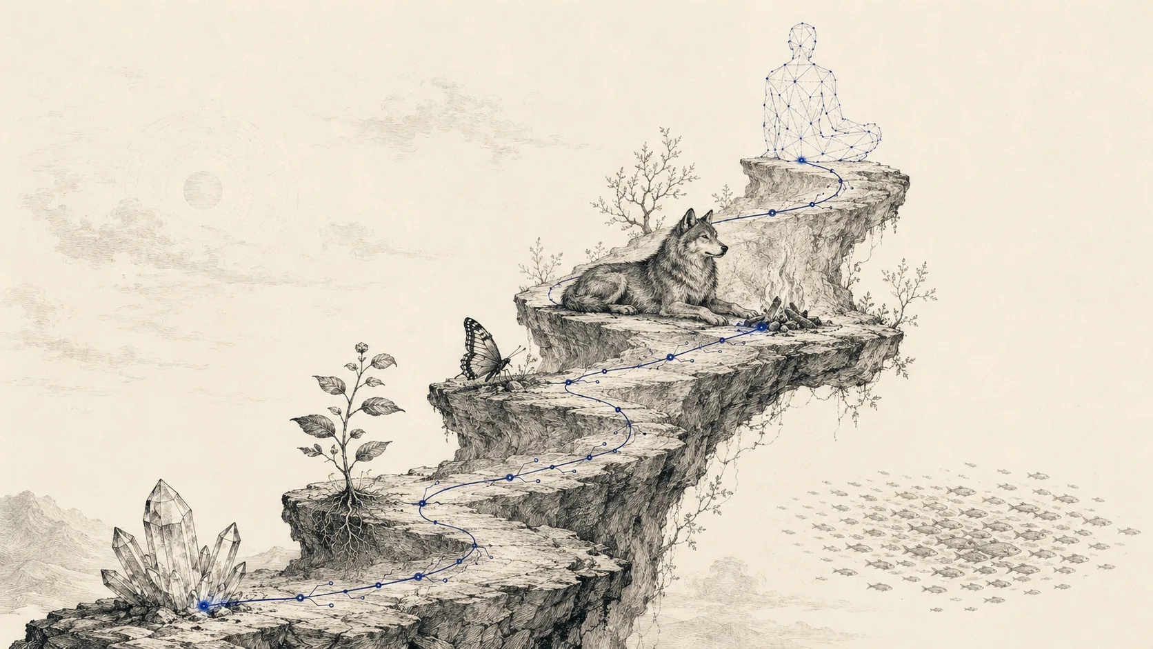 Ink-on-bone engraving: a spiral of rock terraces rising from a quartz crystal through a plant, a butterfly, and a wolf resting by a fire, up to the outline of a seated human rendered as a neural-network wireframe, with a school of fish below and a single indigo signal threading the whole climb.