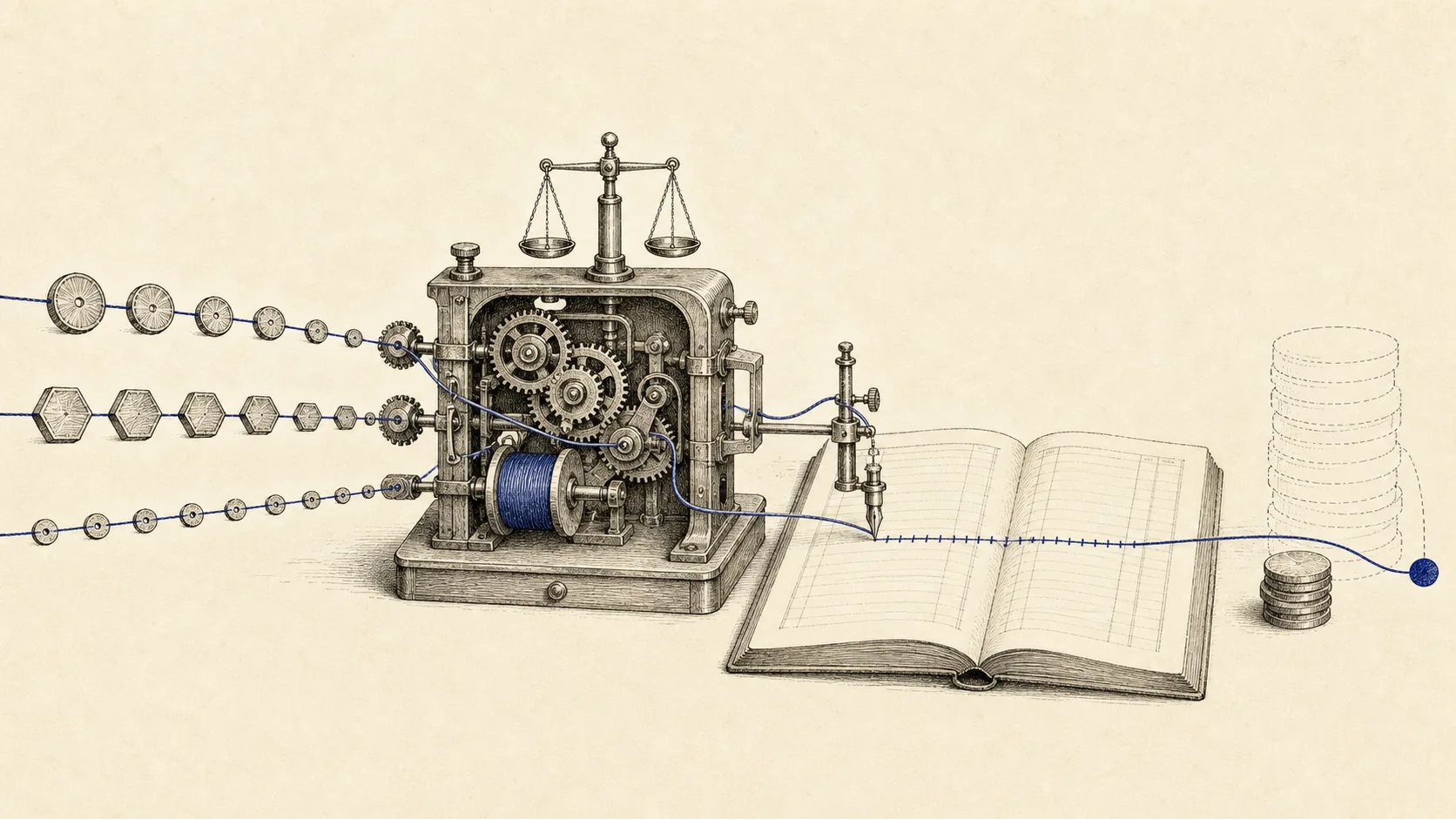 Ink-on-bone engraving: three streams of differently shaped and sized tokens enter an antique accounting machine of gears and a balance scale; one indigo thread carries them through the mechanism into an open ruled ledger, passing a faint reserved stack and a smaller settled stack before ending in a solid indigo node — many model calls reconciled into one auditable charge.