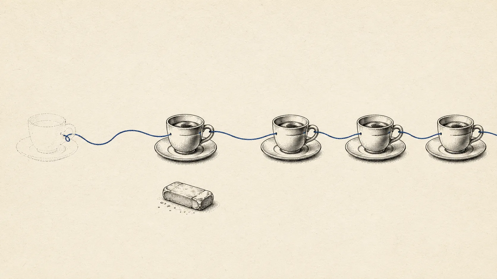 Ink-on-bone engraving on mostly empty paper: on the left a coffee cup sketched in faint dotted, provisional line; an indigo thread picks it up and carries it right, where the same cup repeats as bold, heavy engraved copies at even intervals, each as certain as the last. Below the first bold cup lies a small worn eraser, set aside and useless: one tentative remark hardened into a permanent, self-repeating memory.