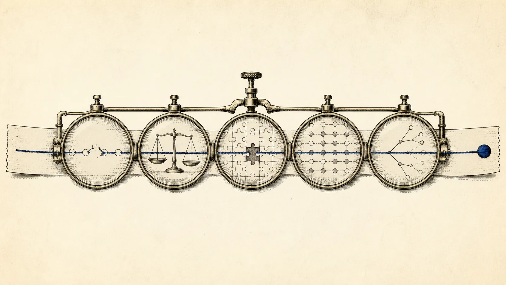 Ink-on-bone engraving on mostly empty paper: one long paper ribbon passes beneath five antique optician lenses, each revealing a different anomaly in the same source — a broken chain, an unbalanced scale, a missing puzzle piece, a suspicious pattern, and a branching claim; a single deep-indigo thread runs through every lens and ends in one solid indigo node, expanding what the reader can see without declaring a verdict.