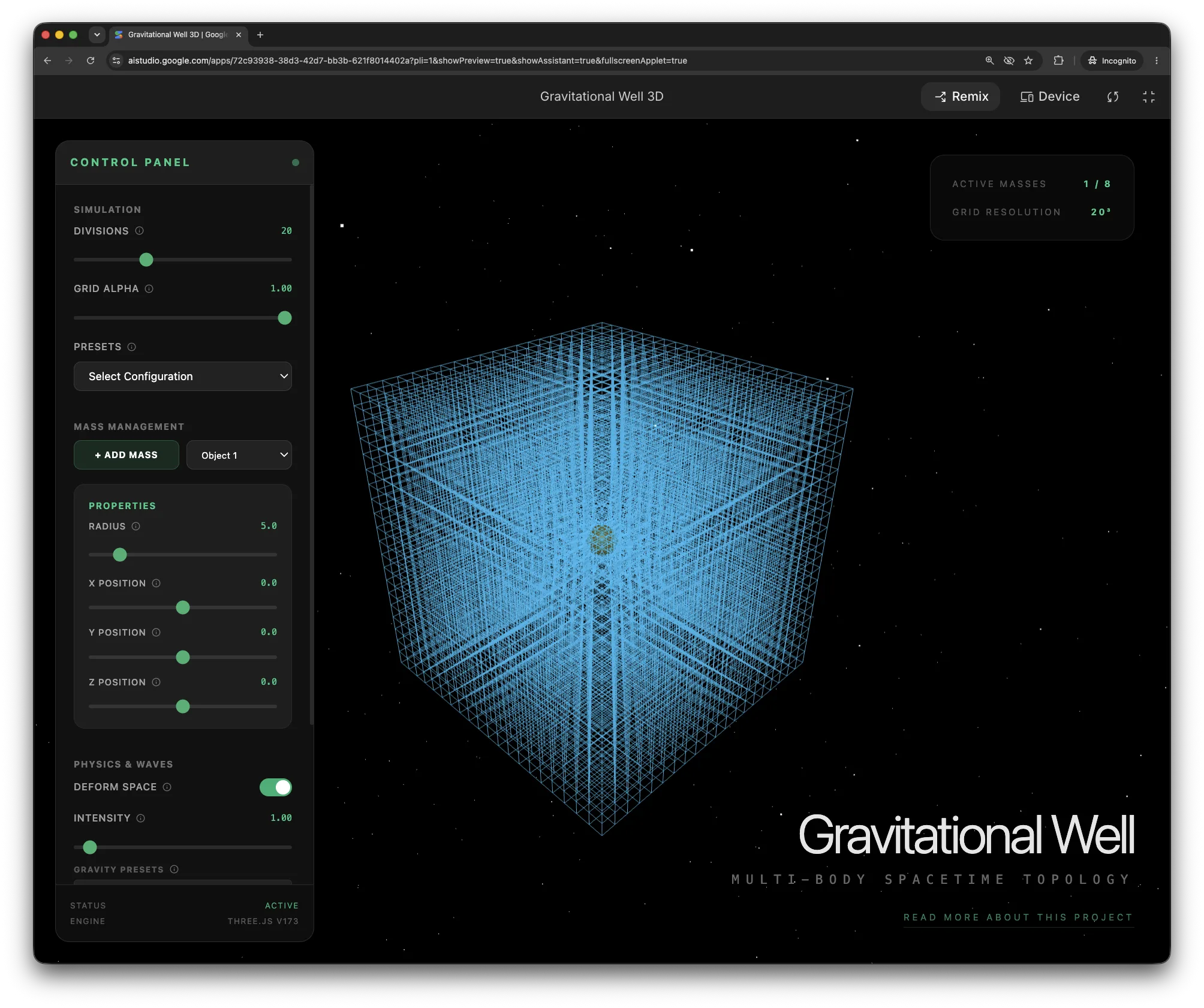 Gravitational Well 3D in action: a glowing blue volumetric wireframe cube of spacetime warped by a mass at its center, on a dark starfield. A control panel on the left exposes divisions, grid alpha, presets, mass management, position and radius, and physics/waves toggles.