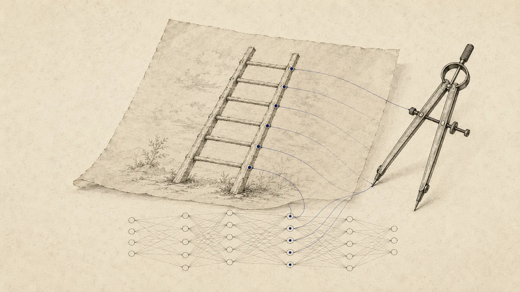 Ink-on-bone engraving: an antique drawing of a wooden ladder in a landscape, on a sheet of paper, with fine indigo lines tracing its rungs down into the nodes of a neural-network diagram below, and a draftsman's compass resting beside it — an old map being copied into a new instrument.