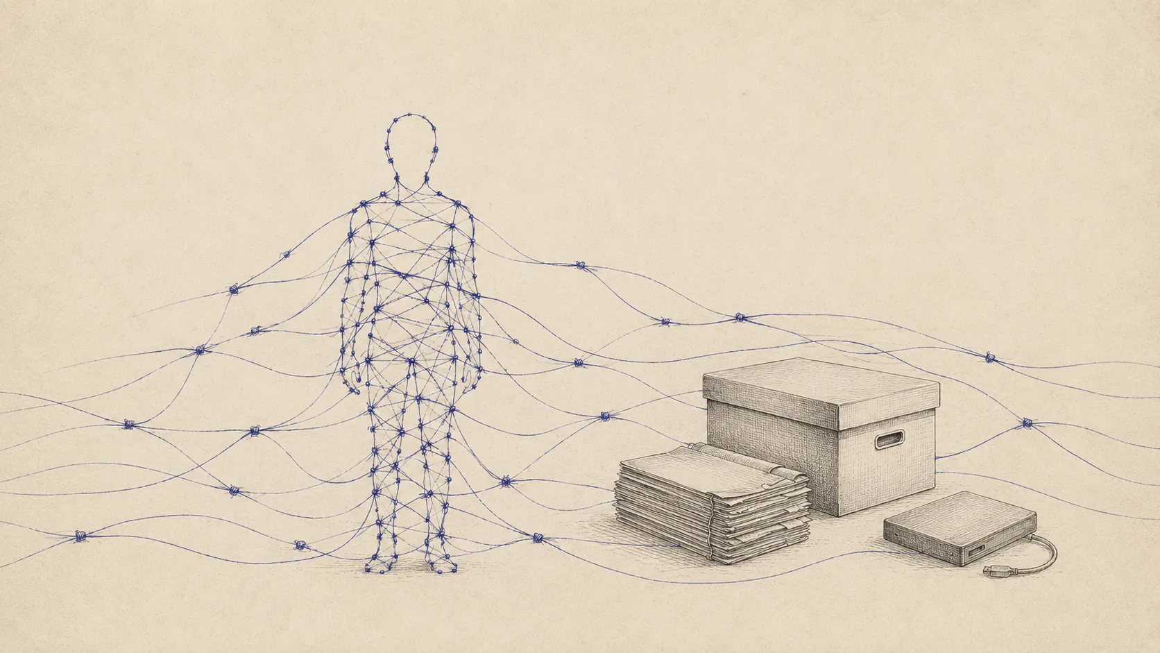 Ink-on-bone engraving: a human figure woven from many fine indigo threads tied to small knots, beside an inert closed archive box, a stack of papers, and a hard disk — identity formed through relationship versus inert stored records.