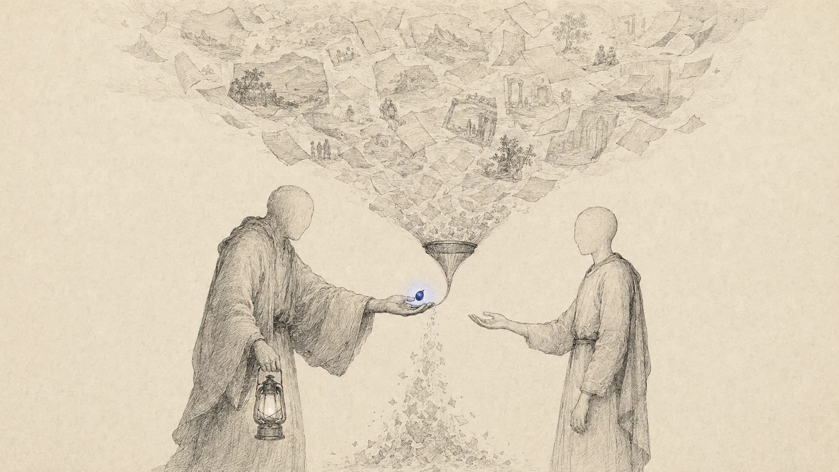 Ink-on-bone engraving: an older lantern-bearing figure passes a small glowing indigo seed to a younger successor, while a great drift of episodic scenes and pages funnels down through a filter and crumbles away — a distilled faculty is inherited, the episodes are not.