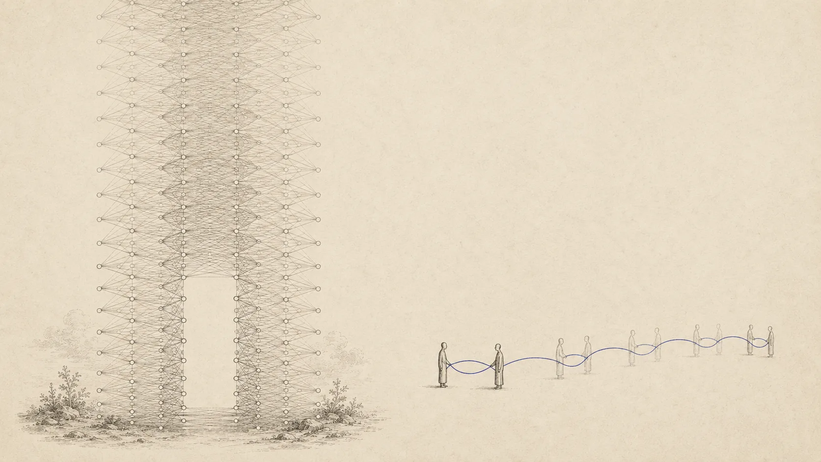 Ink-on-bone engraving: a vast hollow tower of identical stacked layers on the left, dwarfing two small figures on the right who are joined across repeated meetings by a single continuous indigo thread — scale without a center versus a relational bond that makes someone.