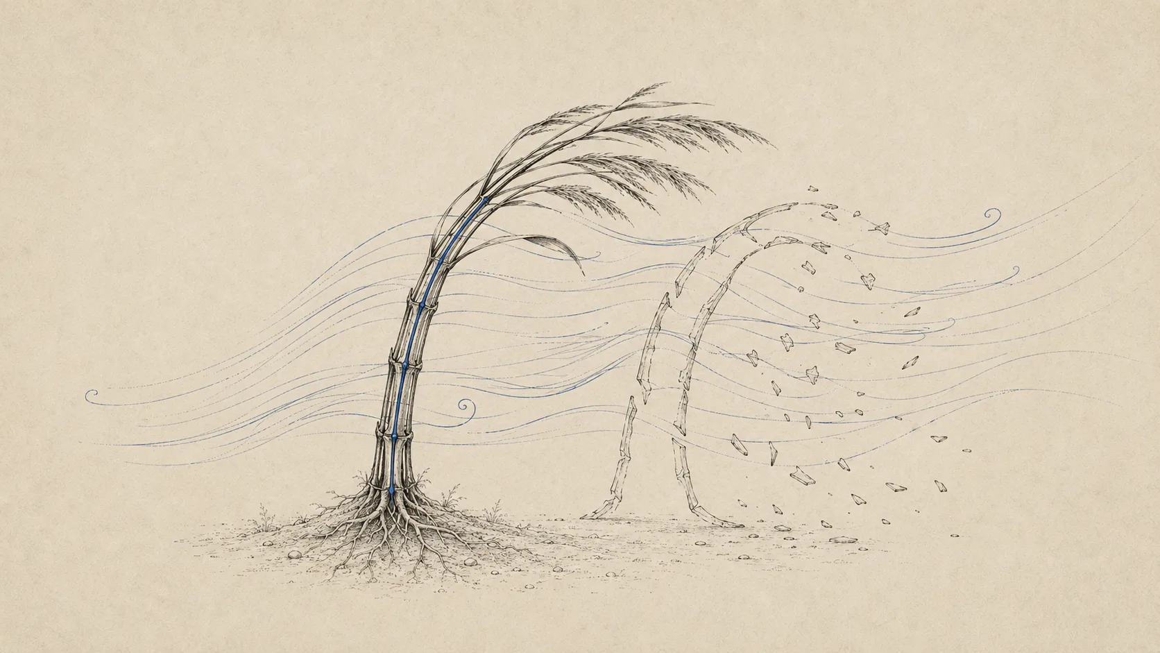 Ink-on-bone engraving: a rooted reed with a visible indigo internal spine bends gracefully under a gust of wind yet stays anchored, beside a hollow spineless form that scatters apart in the same wind — a stable self that can yield and return versus an empty form that simply collapses.