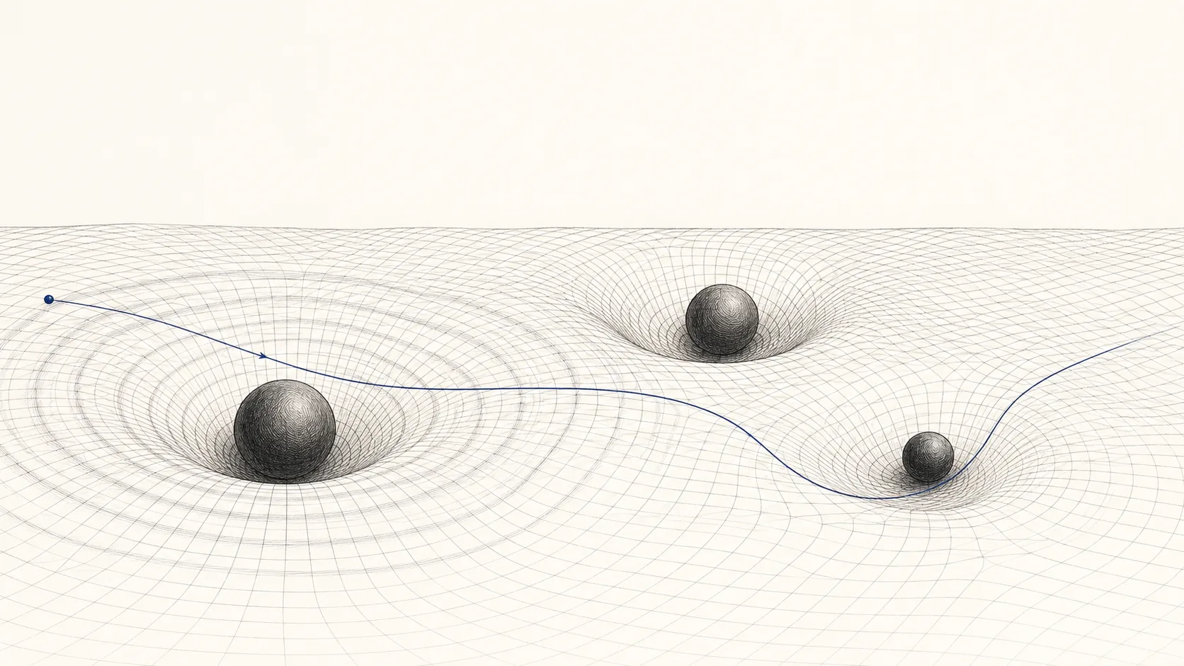 Ink-on-bone engraving: a finely ruled grid sheet of spacetime sagging into curved wells around heavy spheres, with a single indigo geodesic line bending as it sweeps past the masses — curvature drawn as a deformed grid.