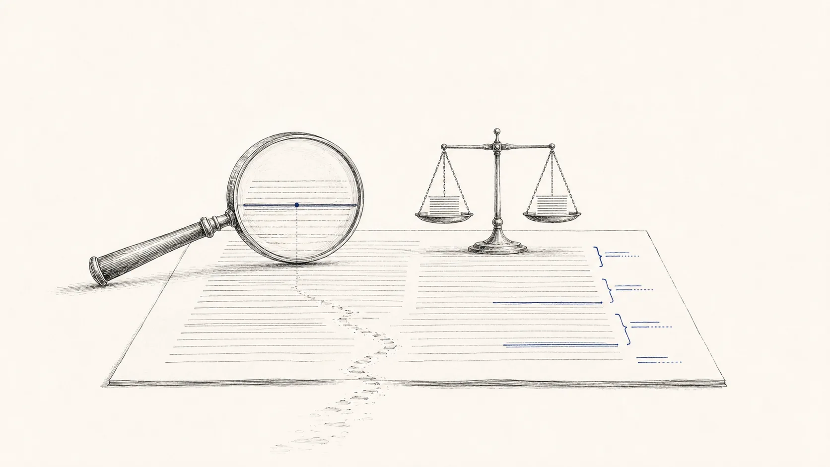 Ink-on-bone engraving of a magnifying glass and balance scale over a page of text — instruments of critical reading.