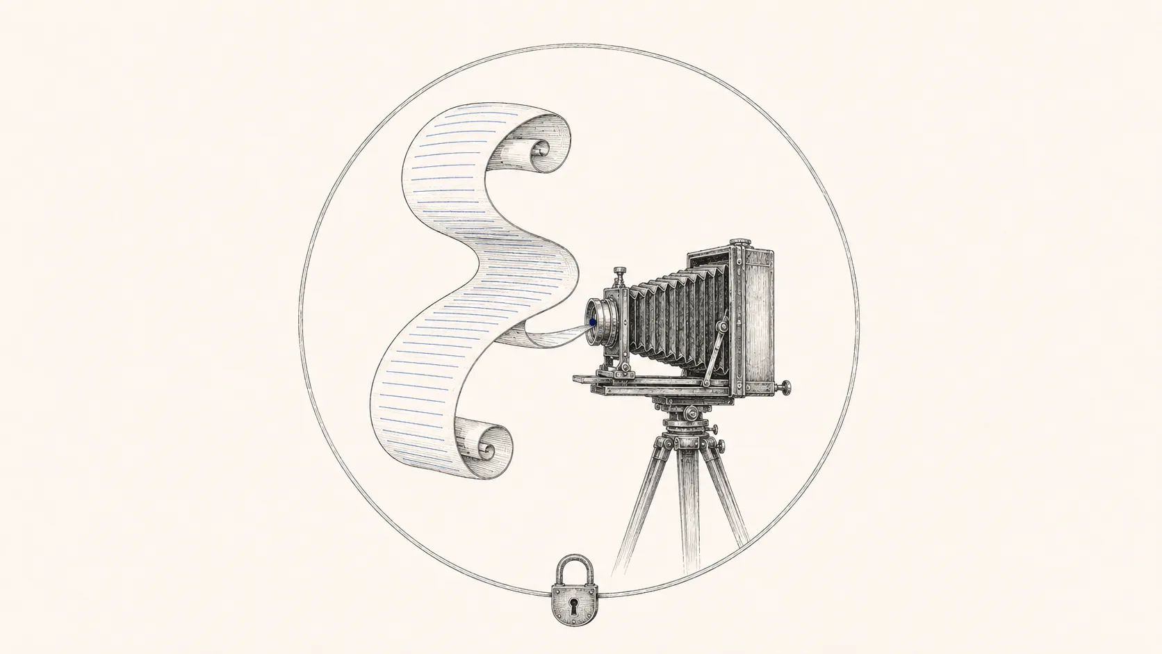 Ink-on-bone engraving: a vintage bellows camera on a tripod facing a long unspooling scroll of ruled paper, both enclosed in a faint circle with a small padlock on it — a script flowing to a lens, sealed so nothing leaves.
