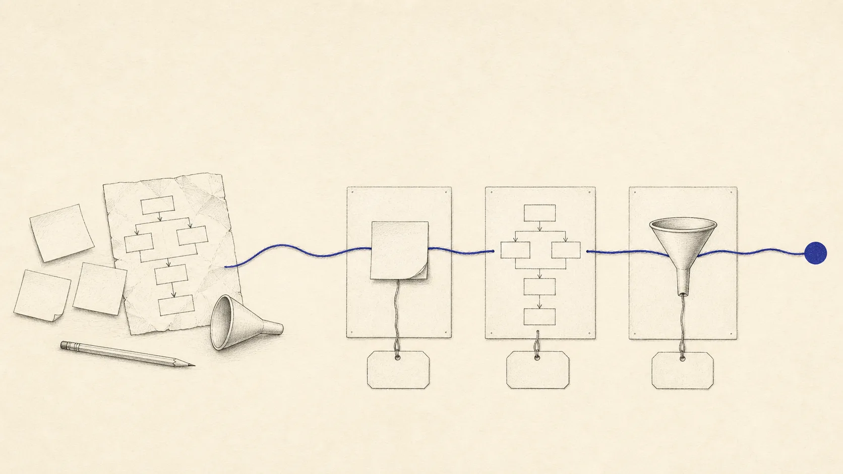Ink-on-bone engraving: on the left, a messy desk sketch of sticky notes, a rough flowchart, a funnel, and a pencil; a single indigo thread travels right through three neat specimen plates holding the same shapes catalogued with blank label tags, ending in a solid indigo node — the work you already do, given names.