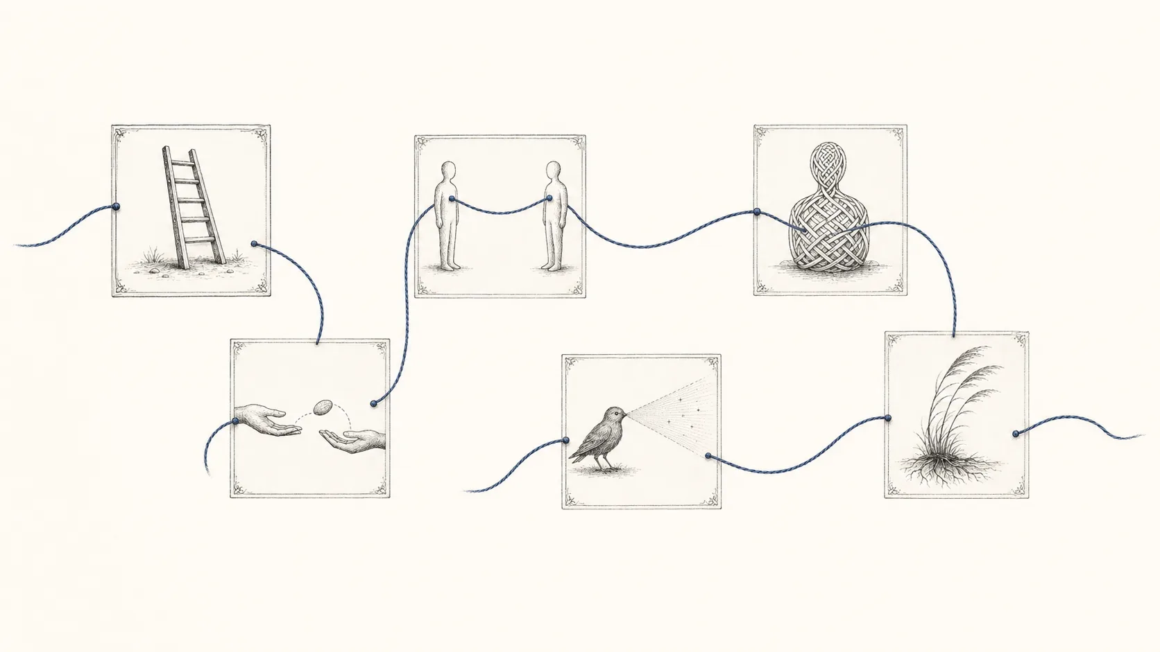 Ink-on-bone engraving: six small framed plates, each with a distinct emblem, connected in sequence by a single indigo thread — six papers bound into one research program.