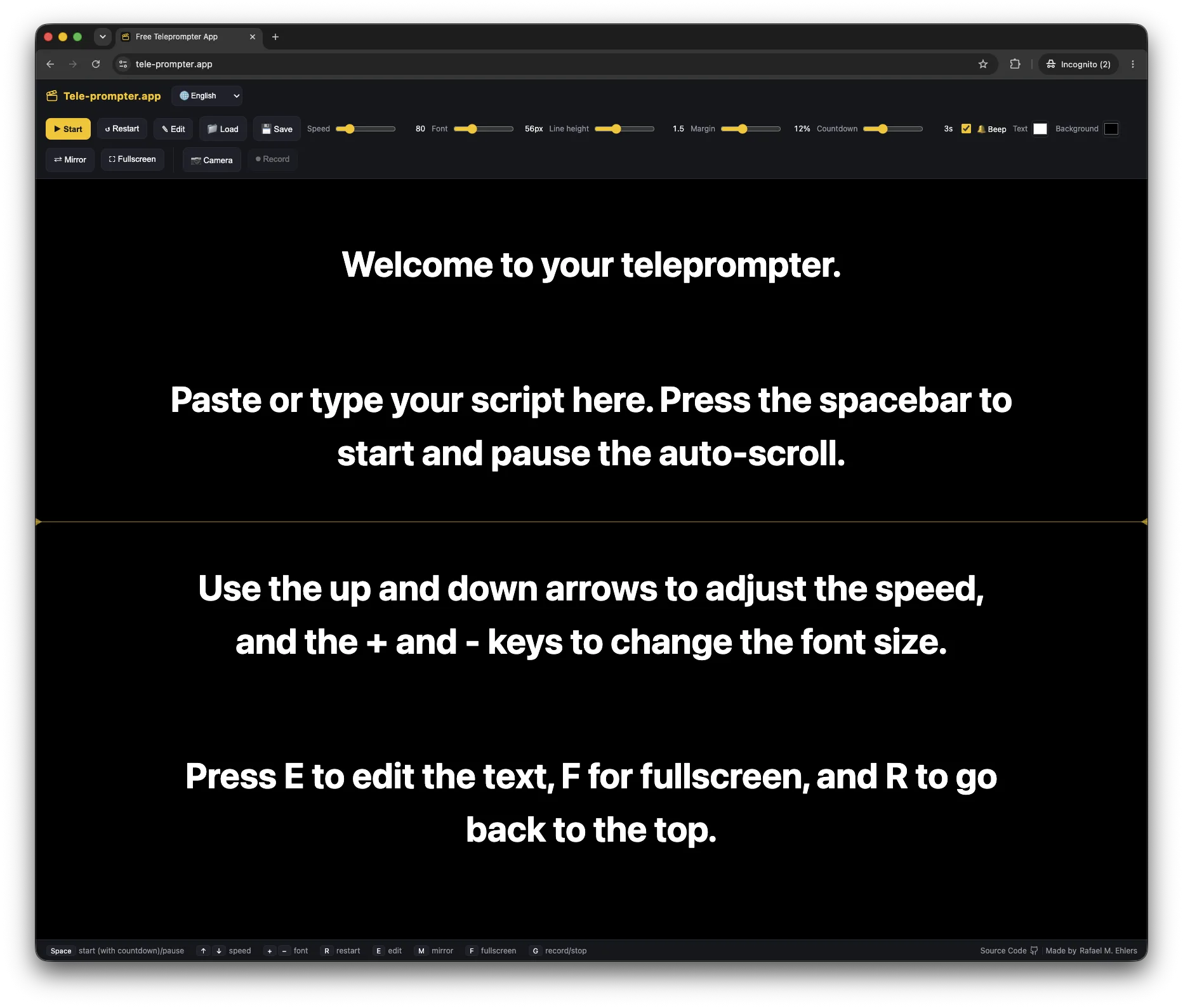 Tele-prompter app at tele-prompter.app: a dark browser UI with a toolbar of playback, speed, and font-size controls along the top, and the prompter text below reading 'Welcome to your teleprompter. Paste or type your script here. Press the spacebar to start and pause the auto-scroll.'